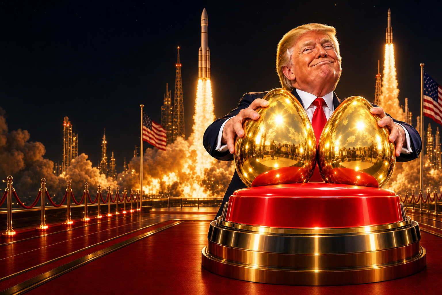 A grinning president grips two giant mirror-gold balls resting on an oversized red button, rockets launching behind him at night.